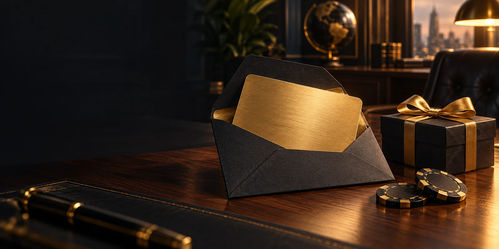 Goudkleurige kaart in een zwarte envelop naast een cadeauverpakking en casinofiches