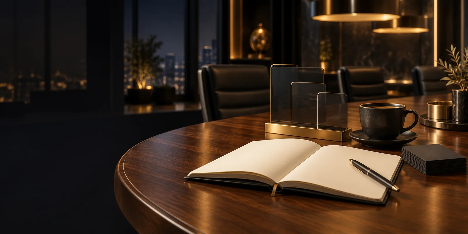 Open notitieboek met pen en koffie op een donkere vergadertafel