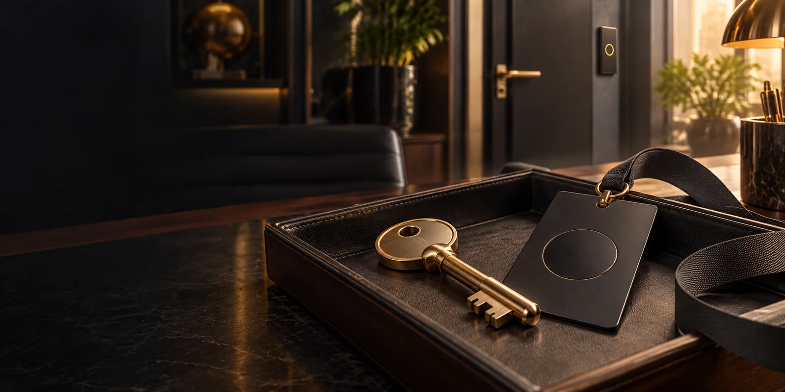 Gouden sleutel en toegangspas op een leren bureauschaal