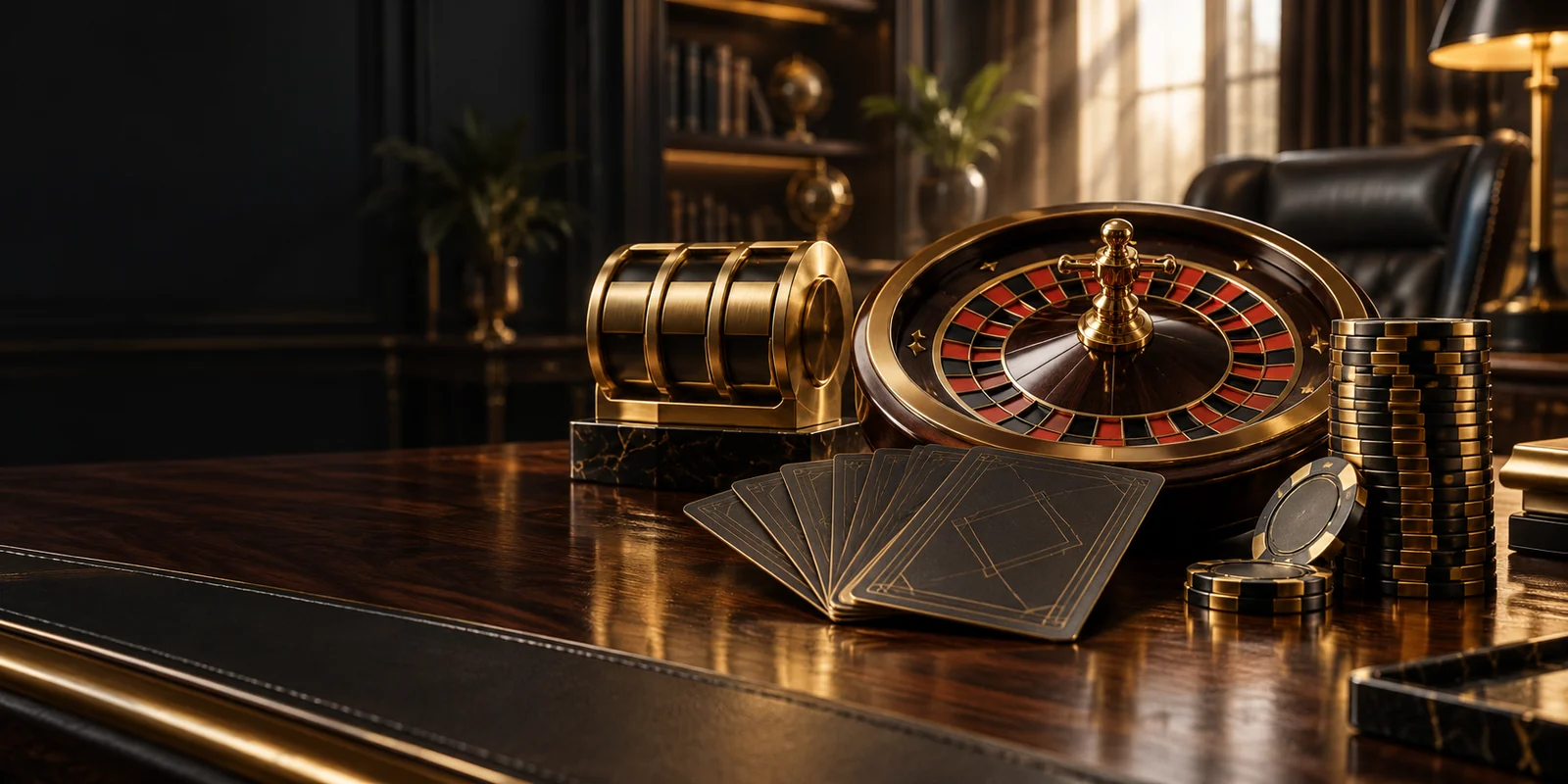 Casinofiches, gesloten speelkaarten en een decoratief roulettewiel op een bureau