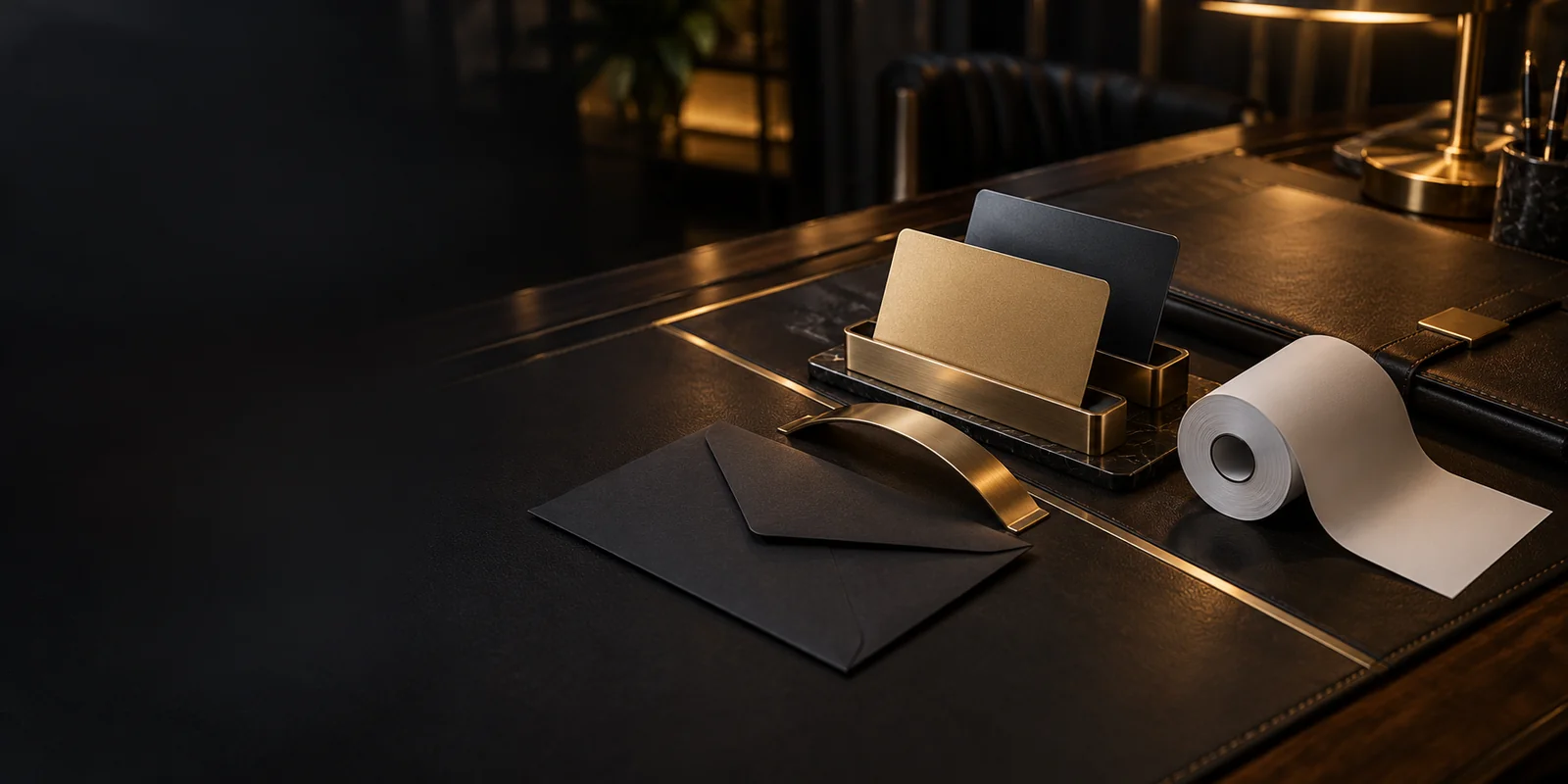 Blanco betaalkaarten, een envelop en een papieren bonrol op een donker bureau